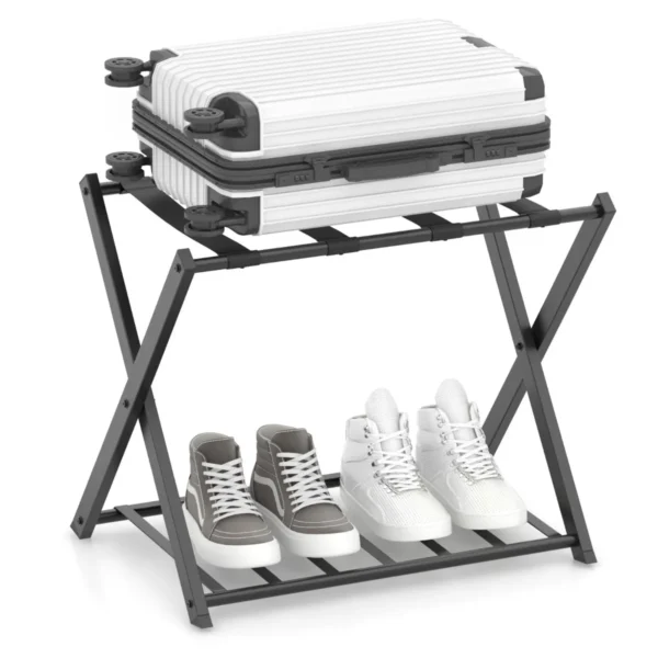 Opvouwbaar Bagagerek Bagagerek Met 2 Niveaus Stevig Metalen Bagagerek Stevige Nylon Riemen Voor Slaapkamer Kledingkast Zwart