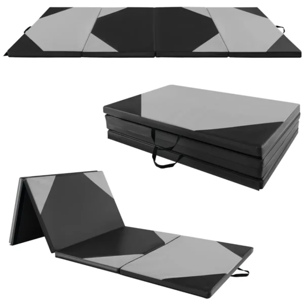 Opvouwbare Gymnastiekmat Met 4 Panelen Schuim En PU-Trainingsmat Met Handgrepen En Klittenband Voor Gymnasten En Yogatrainers-Grijs