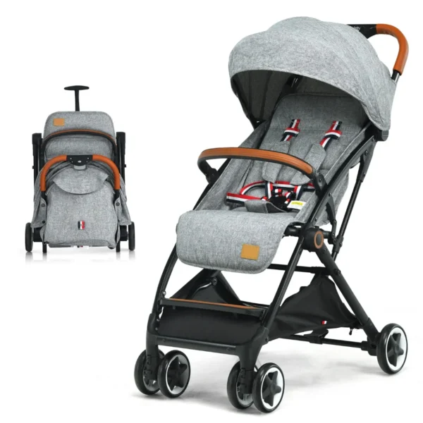 Opvouwbare Kinderwagen Handig Vouwmechanisme Met één Hand Lichtgewicht Aluminium Frame Verstelbare Rugleuning-Grijs