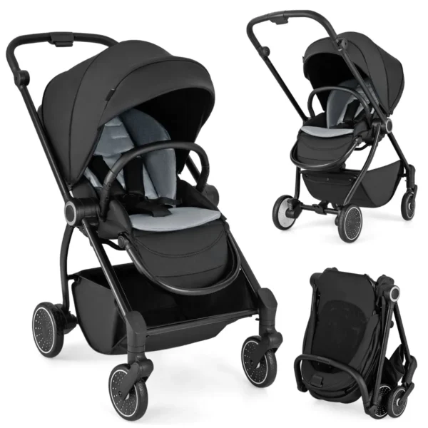 Opvouwbare Kinderwagen Met Omkeerbare Zitting Verstelbare Rugleuning Verstelbare Kap Handgreep Aluminium Kinderwagen Zwart