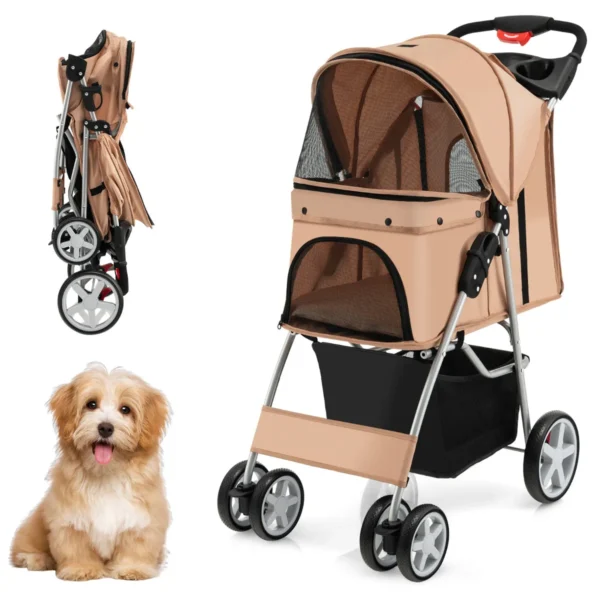Opvouwbare Kinderwagen Voor Huisdieren Kinderwagen Met 4 Wielen Voor Honden Met Netraam Bekerhouder En Mand Beige