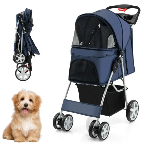 Opvouwbare Kinderwagen Voor Huisdieren Kinderwagen Met 4 Wielen Voor Honden Met Netraam Bekerhouder En Mand Donkerblauw