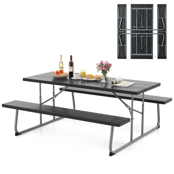 Opvouwbare Picknicktafel Met 2 Banken 183 Cm Campingtafelset Met Metalen Frame Weerbestendig Hdpe-Tafelblad En Parasolgat