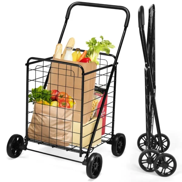 Opvouwbare Winkelwagen Lichtgewicht Extra Grote Boodschappenwagen Met 360° Rollende Zwenkwielen Draagbare Boodschappenwagen Zwart