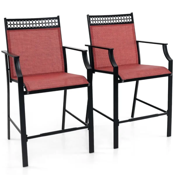 Outdoor Barkruk Set Van 2 Robuuste Terrasbarkrukken Met Voet- En Armleuningen Metalen Frame Eetstoelen Op Tegenhoogte-Rood