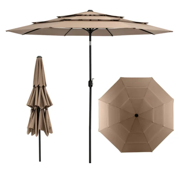 Parasol Met 3 Verdiepingen Ø 300 Cm Dubbel Geventileerde Tuinparasol Met Zwengel Aan Beide Zijden 45 Graden Knikbaar Bruin
