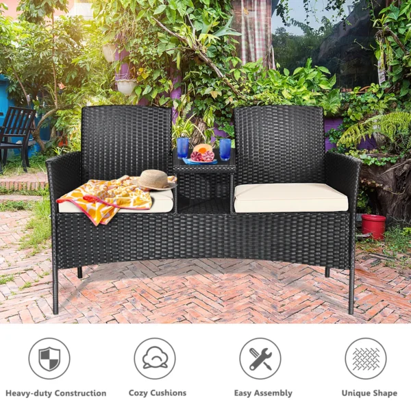 Patio Loveseat Met Tafel Van Gehard Glas PE Rotan Meubelset Moderne Outdoor Gespreksbank Voor Tuin Wit