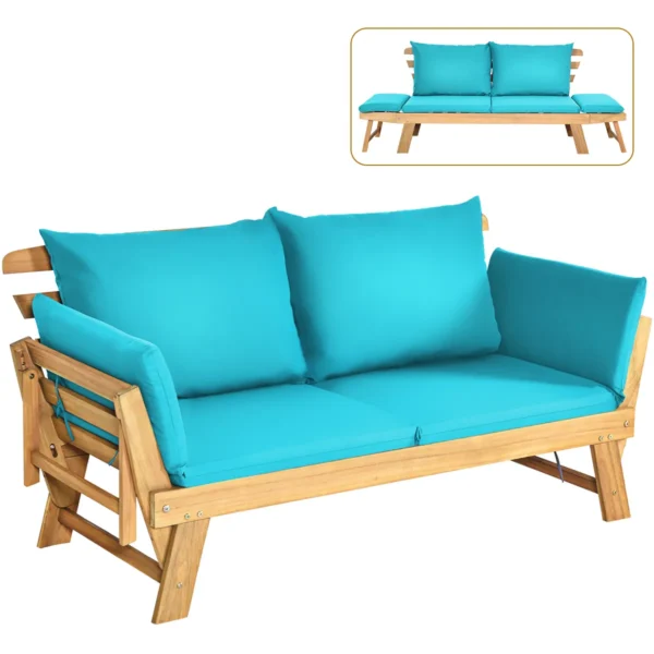 Patio Slaapbank Acacia Houten Dagbed Met Verstelbare Armleuning Opvouwbare Chaise Longue Met Kussens Buiten Loveseat Turquoise