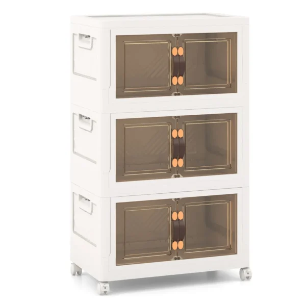 PP Opbergkast Met 3 Opvouwbare En Stapelbare Bakken Vergrendelbare Wielen Deksels Stapelbare Opbergdozen Met Deuren