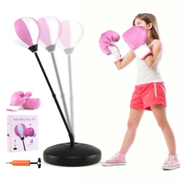 Punchingball 81-123 Cm In Hoogte Verstelbaar Kinderboxset Vrijstaand Bokszakset Boxset Incl. Bokshandschoenen En Handpomp Roze