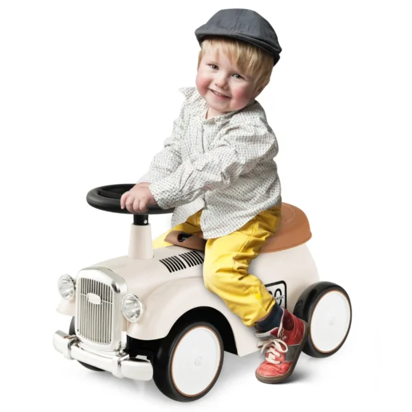 Retro Kinderspeelauto Functioneel Stuur Opbergruimte Onder De Stoel Grote EVA Wielen Loopauto Op Vloerhoogte Met Leuke Stickers Wit