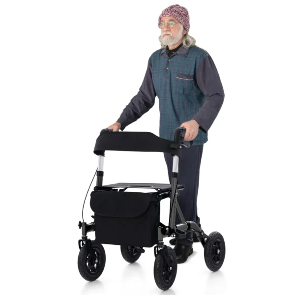 Rollator Opvouwbaar En Licht Met Zitting 2-in-1 Rolstoel & Reiserollator Loophulp 6-Voudig In Hoogte Verstelbaar Met Tas Zwart