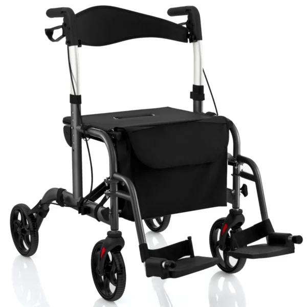Rollator Opvouwbaar En Licht Met Zitting 2-In-1 Rolstoel & Reisrollator Loophulp 6-Voudig In Hoogte Verstelbaar Wandelwagen (Zwart)