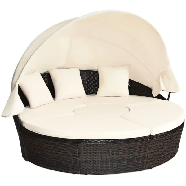 Rond PE Rotan Tuinbed Met Intrekbare Luifel Set Met Aparte Stoelen/Verplaatsbare Kussens/ In Hoogte Verstelbare Koffietafel 34-55 CM Beige