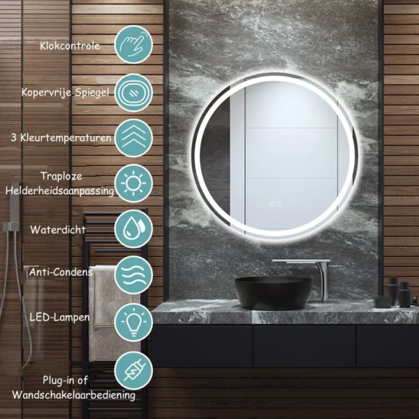 Ronde LED-spiegel Badkamerspiegel Voor Wandmontage 3000 K-6000 K Ø 60 Cm