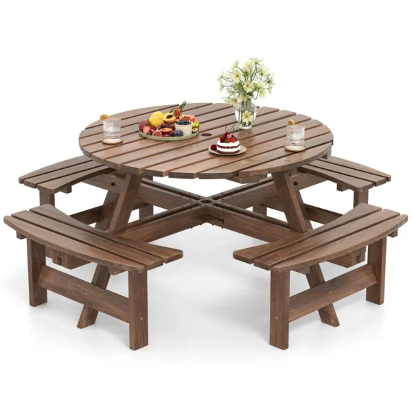 Ronde Picknicktafelset Voor 2-8 Personen Ronde Kampeertafel Met 4 Ingebouwde Banken 5 Cm Parasolgat Buitentafel En Stoelen-Bruin