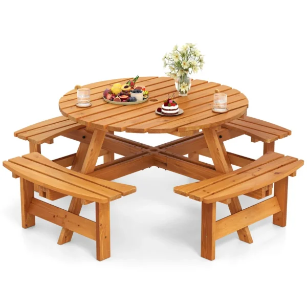 Ronde Picknicktafelset Voor 2-8 Personen Ronde Kampeertafel Met 4 Ingebouwde Banken 5 Cm Parasolgat Buitentafel En Stoelen-Geel