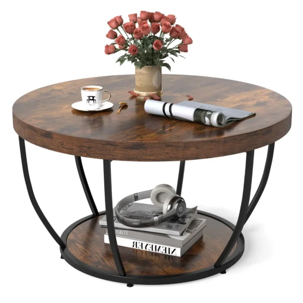 Ronde Salontafel Van 80 Cm Met 2 Lagen Cocktailtafel Met Stevig Metalen Frame Bijzettafel Met Kunsthouten Blad -Donkerbruin