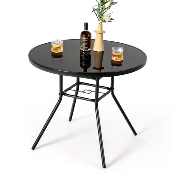 Ronde Tuintafel Van Gehard Glas Bijzettafel Voor Buiten Met Een Parasolgat Van 3,5 Cm Eettafel Met Stevig Metalen Frame Zwart