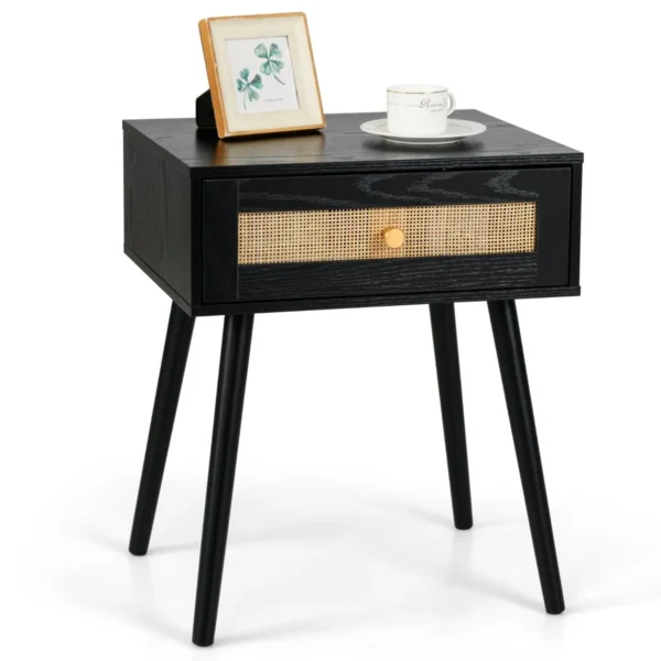 Rotan Nachtkastje Bohemian Nachtkastje Met één Lade En Massief Houten Poten Houten Bijzettafel Voor Slaapkamer Woonkamer