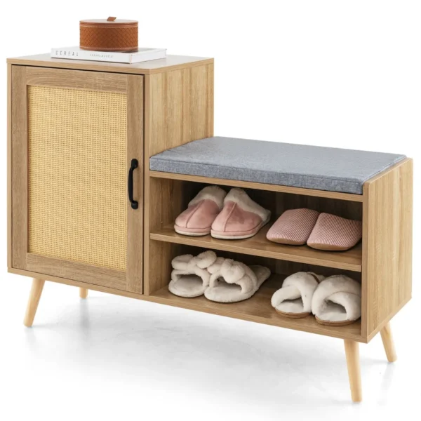 Rotan Schoenenkast Met Bank 2-in-1 Schoenenwisselbank Met 3 Verstelbare Planken En Poten Van Grenenhout Vrijstaand Schoenenrek