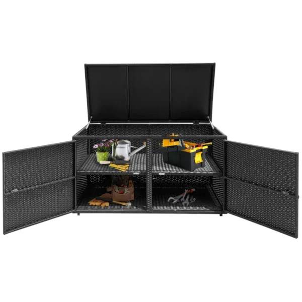 Rotan Terrasbox Met Een Inhoud Van 335 Liter Weerbestendige Gereedschapskist Voor Buiten Met Deksel En 2 Planken Tuinbox Zwart