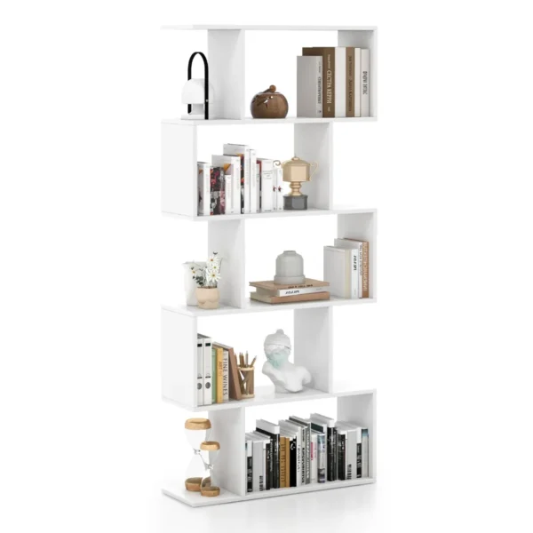 S-Vormige Boekenkast Legplank Op 5 Niveaus Anti Kantel Opbergmeubel Voor Woonkamer Slaapkamer Kantoor Wit 70 X 23,5 X 158 Cm