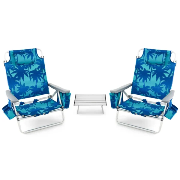 Set Van 1 Tafel En 2 Strandstoelen Ligstoelen Voor Buiten Met Oprolbare Campingtafel 5-Standen Klapstoelen En Aluminium Tafel -Blauw