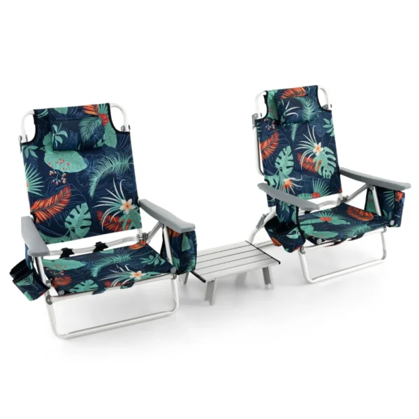 Set Van 1 Tafel En 2 Strandstoelen Ligstoelen Voor Buiten Met Oprolbare Campingtafel 5-Standen Klapstoelen En Aluminium Tafel -Donkerblauw