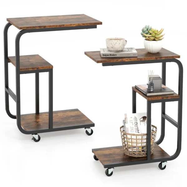 Set Van 2 Industriële C-Vormige Bijzettafels Ruimtebesparende Salontafel Metalen Frame Vergrendelbare Wielen Rustiek Bruin