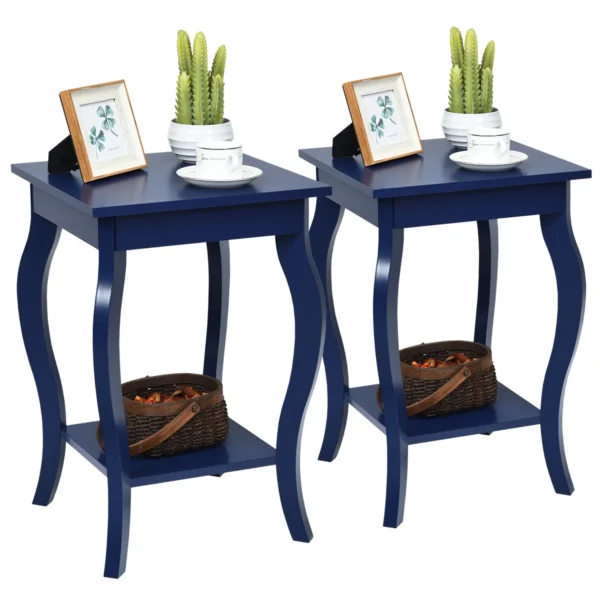 Set Van 2 Nachtkastjes Accent Tafels Met Elegante Gebogen Poten 2 Niveaus Bijzettafel Van Hout Laptoptafel Banktafel 40 X 40 X 60 Cm Blauw