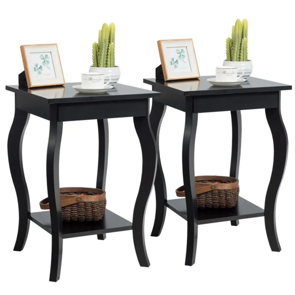 Set Van 2 Nachtkastjes Accent Tafels Met Elegante Gebogen Poten 2 Niveaus Bijzettafel Van Hout Laptoptafel Banktafel 40 X 40 X 60 Cm Zwart