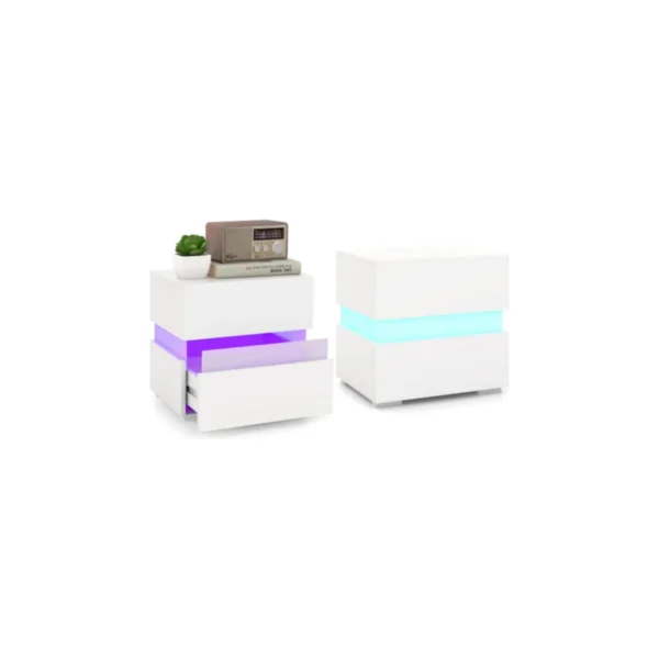 Set Van 2 Nachtkastjes Met LED 2 Op Afstand Bedienbare Verlichte Nachtkastjes 22 Standen 5 Helderheidsniveaus 45x35x45cm-Wit