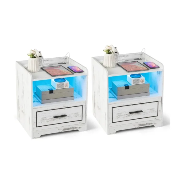 Set Van 2 Nachtkastjes Met Ledlicht USB-Poort En Type C-Laadstation Nachtkastje Met Bewegingssensor Bijzettafel Met Open Vak Wit