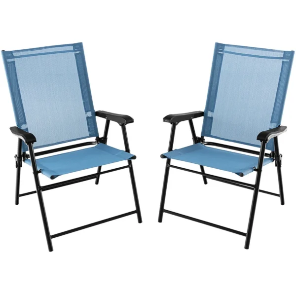 Set Van 2 Opvouwbare Terrasstoelen Draagbare Stoelen Met Rugleuning En Metalen Frame Eetstoelen Voor Buiten Blauw