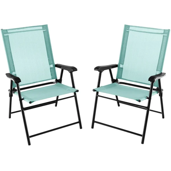 Set Van 2 Opvouwbare Terrasstoelen Draagbare Stoelen Met Rugleuning En Metalen Frame Eetstoelen Voor Buiten Mintgroen