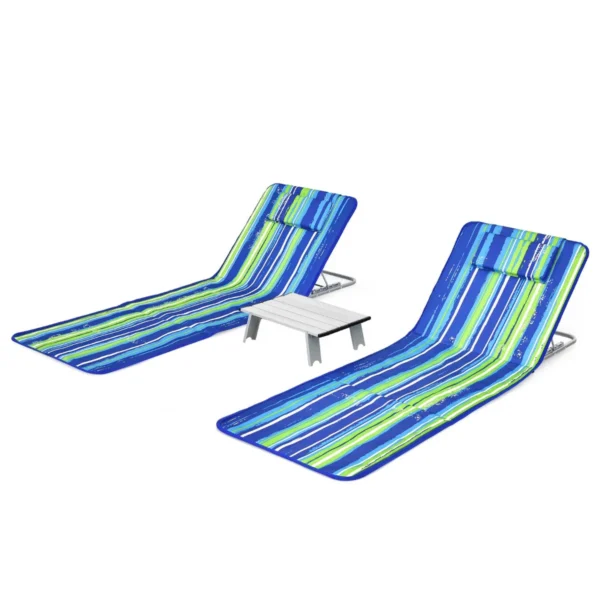 Set Van 2 Strandmatten Met Bijzettafel Hoofdkussen En Opbergvak Ligmat Met Verstelbare Rugleuning Opvouwbare Zonmat Blauw + Groen