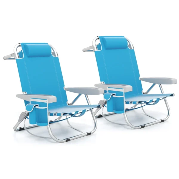 (Set Van 2) Strandstoel Met Verstelbare Rugleuning 5-Standen Opvouwbare Ligstoel Met Bekerhouder Opbergvakken Schouderriemen