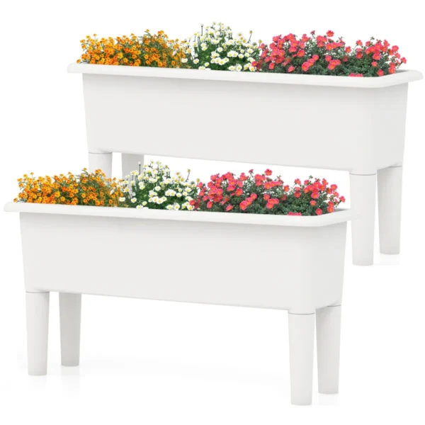 Set Van 2 Verhoogde Bedden Zelfwater Gevende Plantenbakken Met Afneembare Poten En Afvoergat Voor Groenten Fruit-Wit