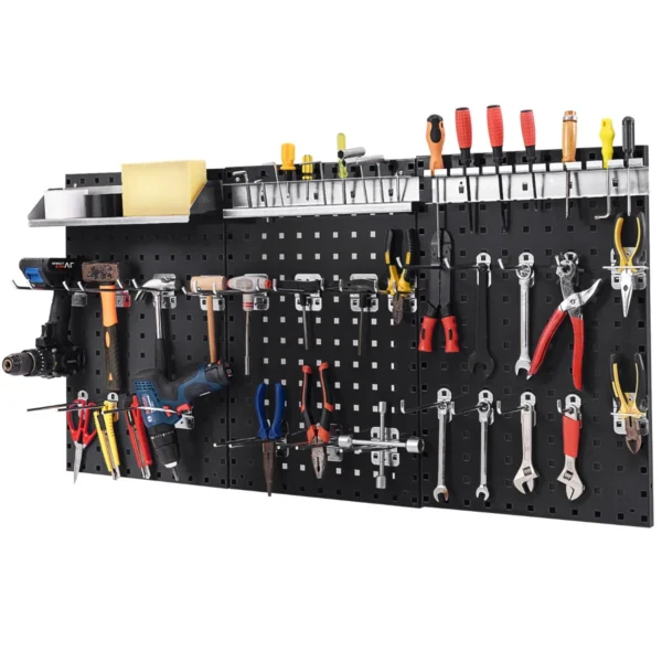 Set Van 3 Geperforeerde Wandpanelen Gereedschapsset Met 28 Ophangaccessoires Handig Gereedschapspaneel-Zwart