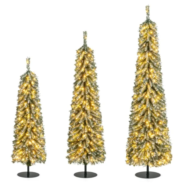 Set Van 3 Kunstkerstbomen 120+150+180 Cm Potloodvormige Kerstbomen Nepsneeuw 216+302+505 Takken 100+120+180 LED-Lampjes