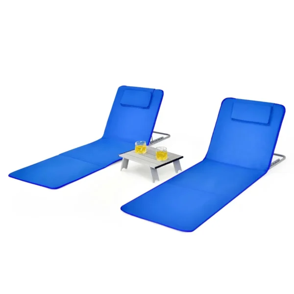 Set Van 3 Opvouwbare Strandmatten Met 2 Lounge Stoelen En Bijzettafel 161 X 55,5 X 27-47 Blauw