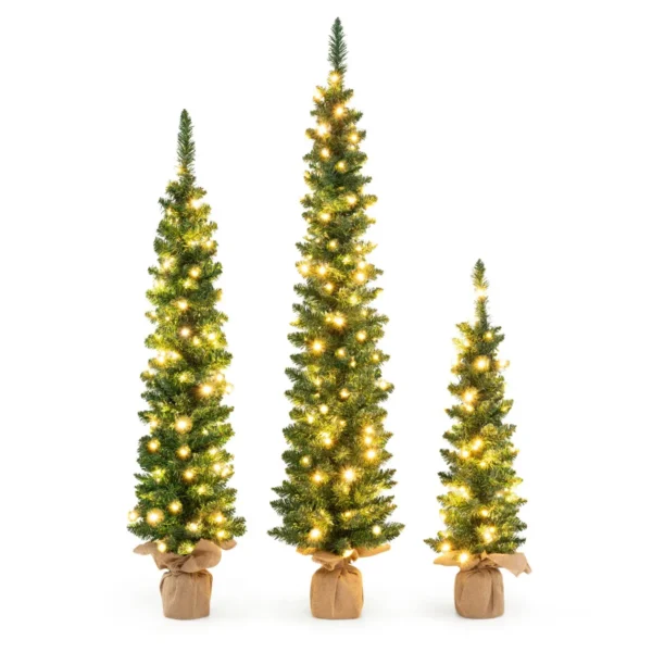 Set Van 3 Voorverlichte Kunstkerstbomen 90+120+150 Cm Fijne Kerstboom 415 Groene Takken 230 Warmwitte LED-Lampjes Hessian Basis