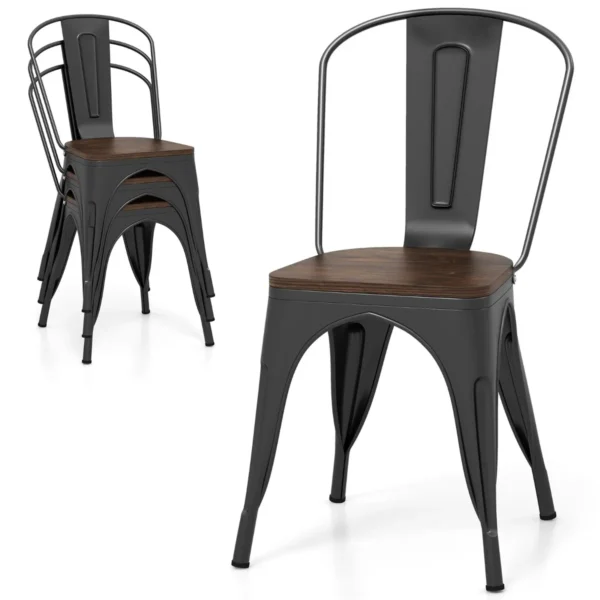 Set Van 4 Eetkamerstoelen 4-Delige Stapelbare Metalen Krukken Metalen Barkrukken Met Rugleuning Houten Zitting Voor Thuis Café Bar