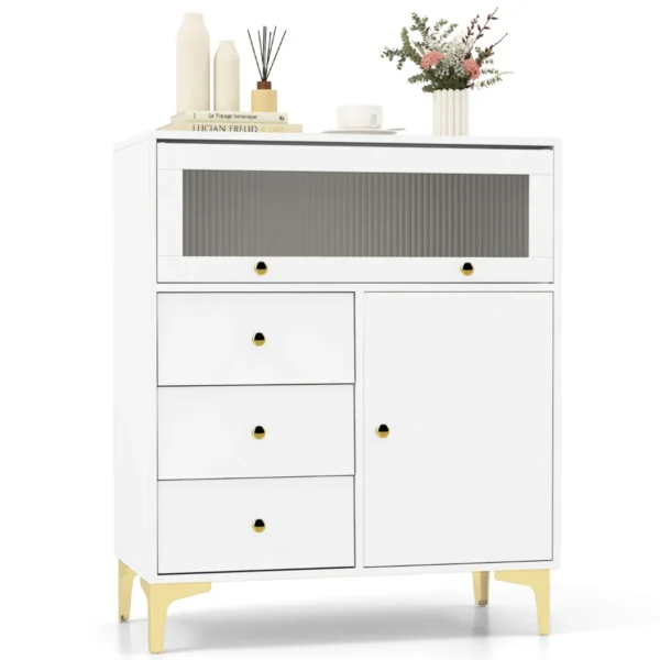 Slaapkamerkast Moderne Opbergkast Met Kantelbare Geribbelde Glazen Deur En Schuifladen Gouden Metalen Poten En Anti-Kantelontwerp