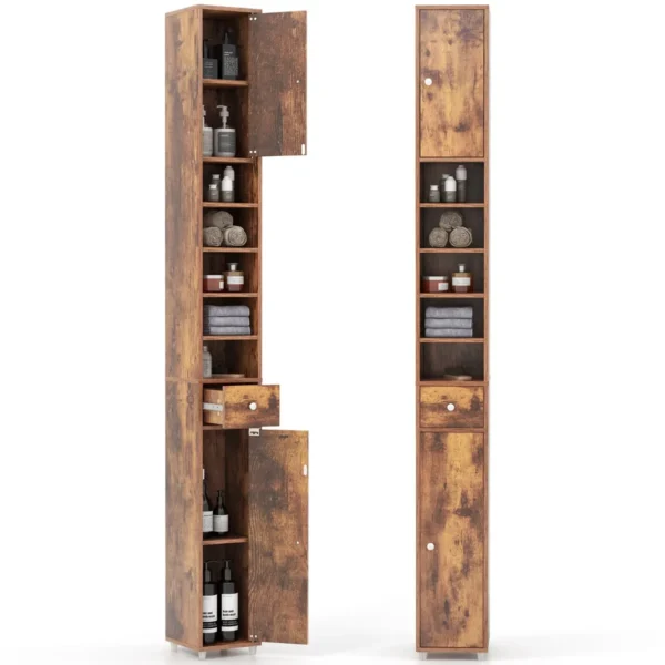 Slanke Badkamerkast Vrijstaande Hoge Kast Met 2 Deuren 1 Lade En Verstelbare Planken Ruimtebesparende Toiletkast Bruin