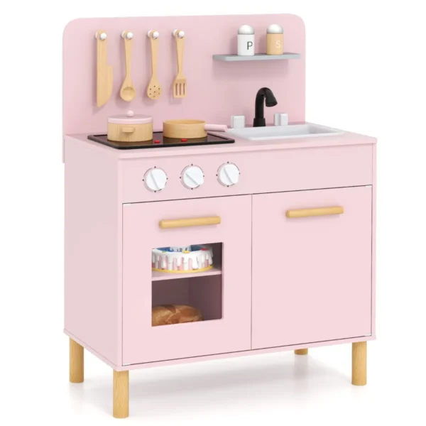 Speelkeuken Voor Kinderen Vanaf 3 Jaar Houten Speelkeuken Met Licht Geluid Fornuizen Gootsteen Oven En Keukenaccessoires-Roze