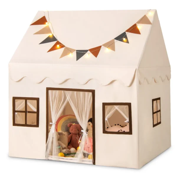 Speeltent Voor Kinderen Speelhuis Met Gewatteerde Antislipmat Vlaggen Lichtsnoeren Gaasgordijnen Ramen Beige