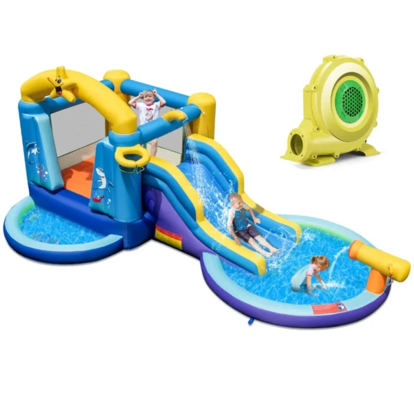 Springkasteel Met Blazer En Glijbaan Waterpark Met 2 Zwembaden Waterkanon Basketbalkorf Kinderspringkasteel 490 X 290 X 220 Cm