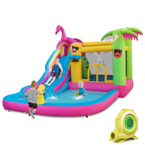 Springkasteel Met Ventilator Waterpark In Flamingo-Thema Met Lange Waterglijbaan Kinderbadje Waterkanon En Basketbalmand